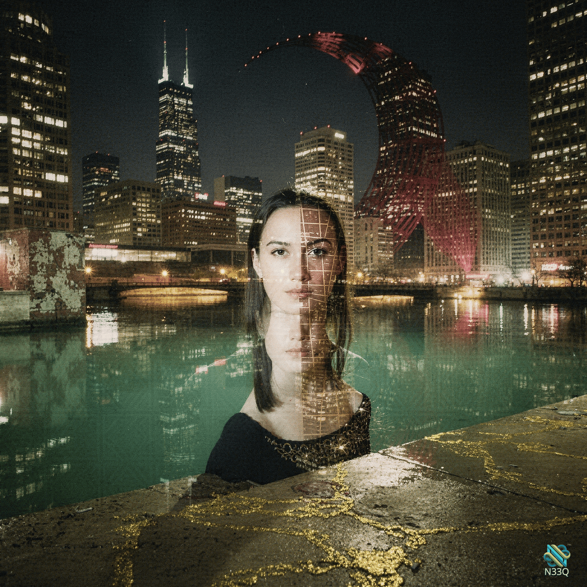 Woman with Grid Overlay on Chicago Nightscape