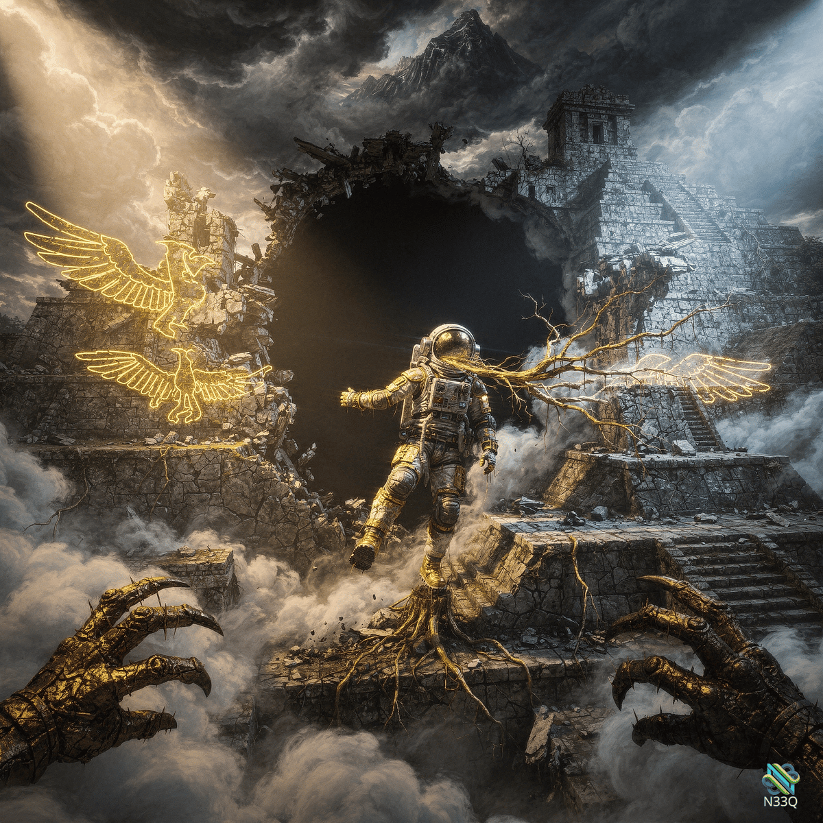 Astronaut with Golden Wings on Temple Ruins