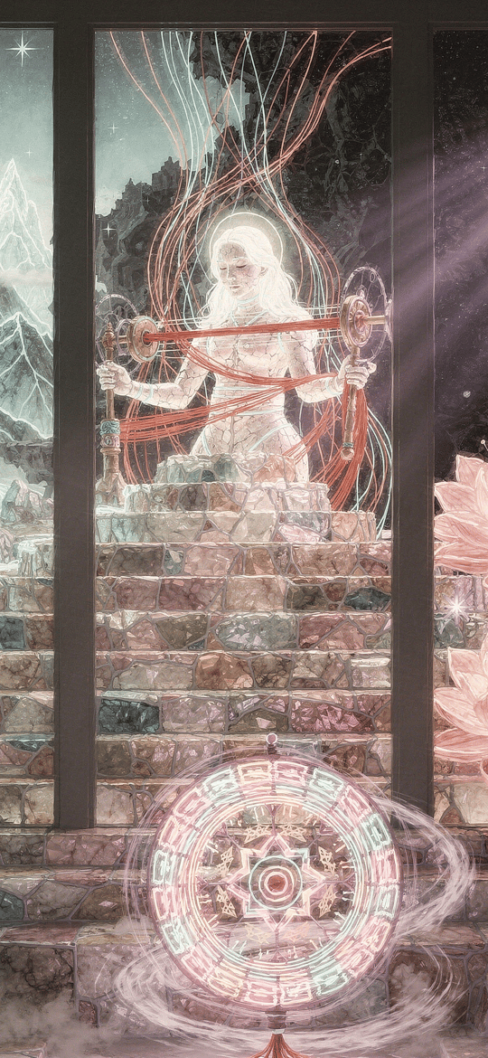 Elder Sage on Stone Stairs with Mandala