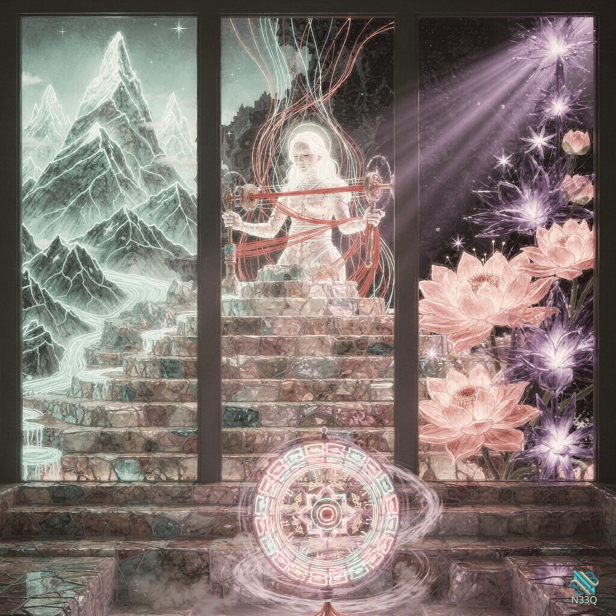 Elder Sage on Stone Stairs with Mandala