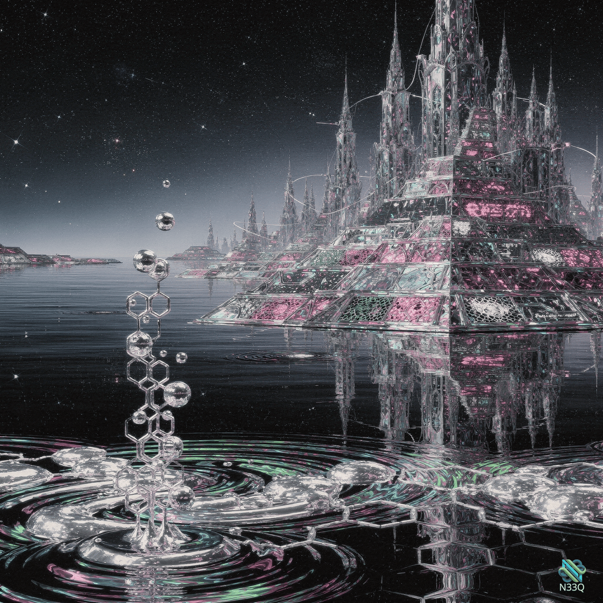 Crystalline Futuristic Fortress Over Starry Waters