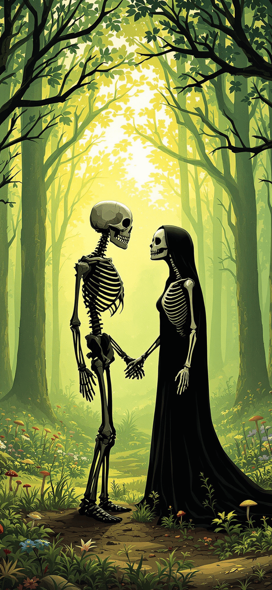 Two Skeletons Holding Hands in Forest