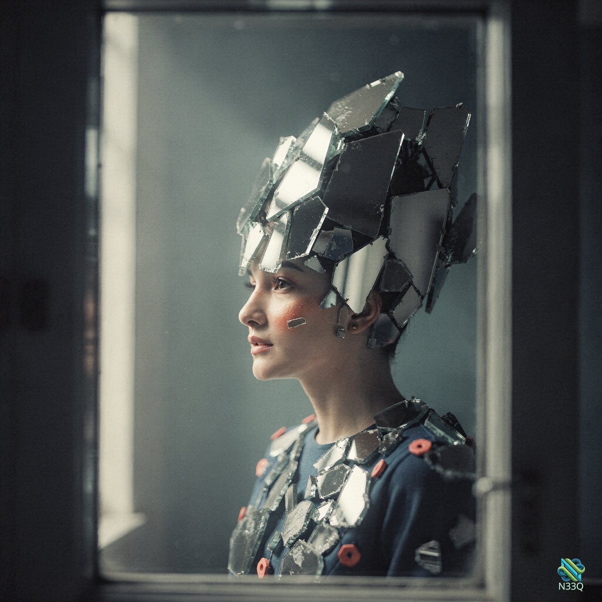 Woman with Shattered Mirror Headdress by Window