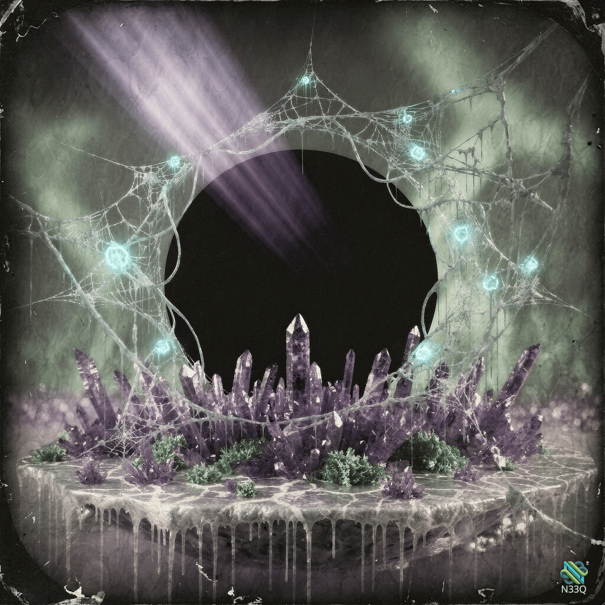 Purple Crystals Beneath Glowing Spiderwebs