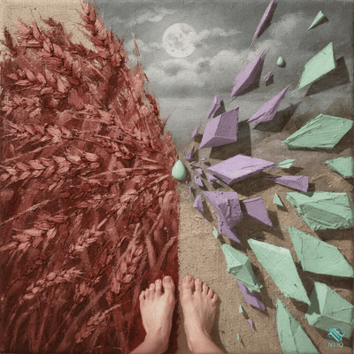 Bare Feet Between Red Wheat and Floating Crystals