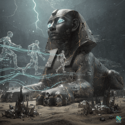 Cyberpunk Sphinx with Holographic Figures
