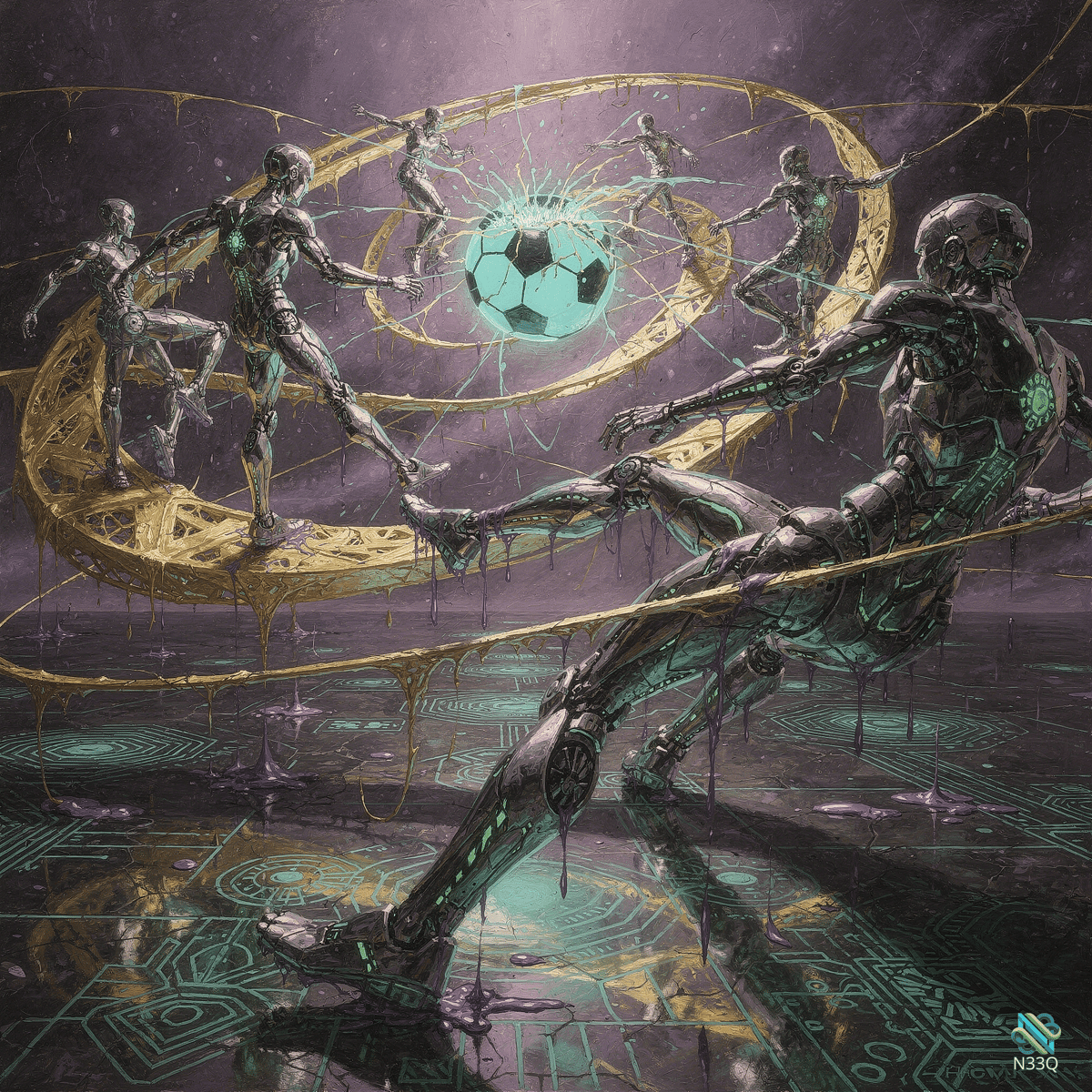 Cyborgs Playing Soccer Amid Golden Rings