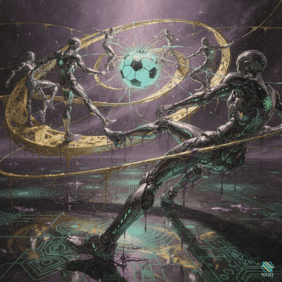 Cyborgs Playing Soccer Amid Golden Rings