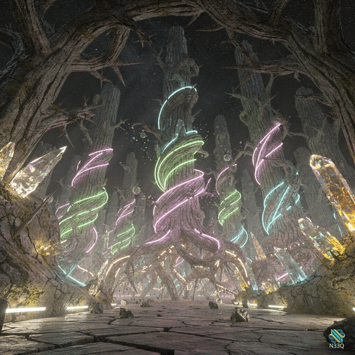 Neon Vines on Twisted Trees with Crystals