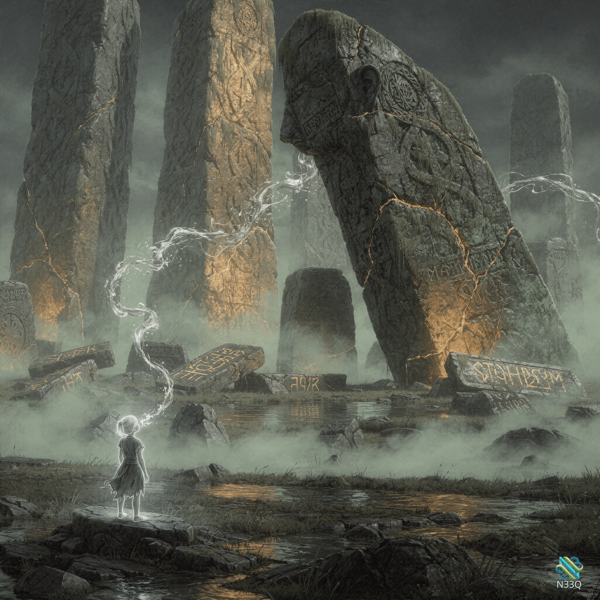Girl Among Glowing Rune Monoliths
