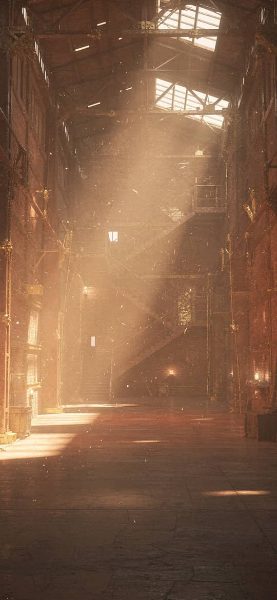 Abandoned Factory Corridor with Sunlight Rays