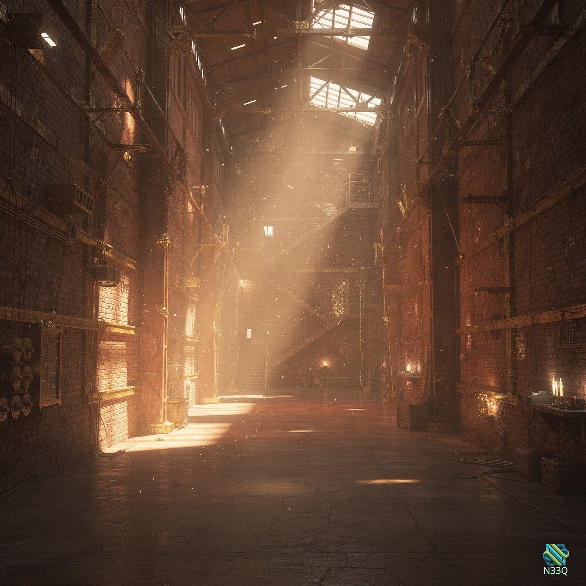 Abandoned Factory Corridor with Sunlight Rays