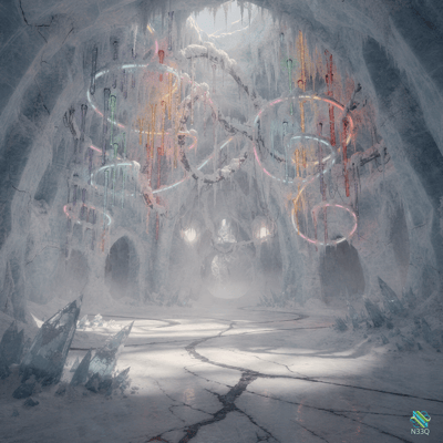 Frozen Cavern with Glowing Neon Rings