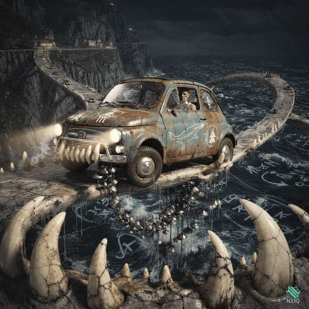 Rusty Vintage Car on Tusked Ocean Bridge