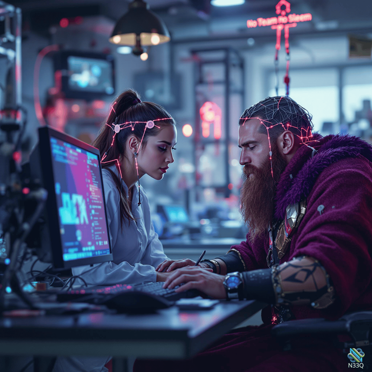 Neural-Linked Couple Hacking at Neon Desk