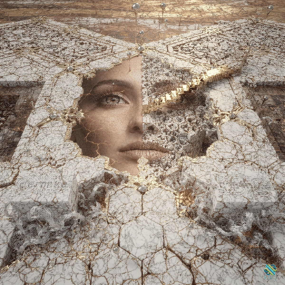 Woman's Face Emerging from Cracked Marble