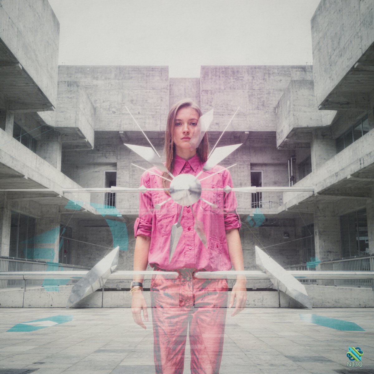 Woman in Pink in Brutalist Concrete Plaza