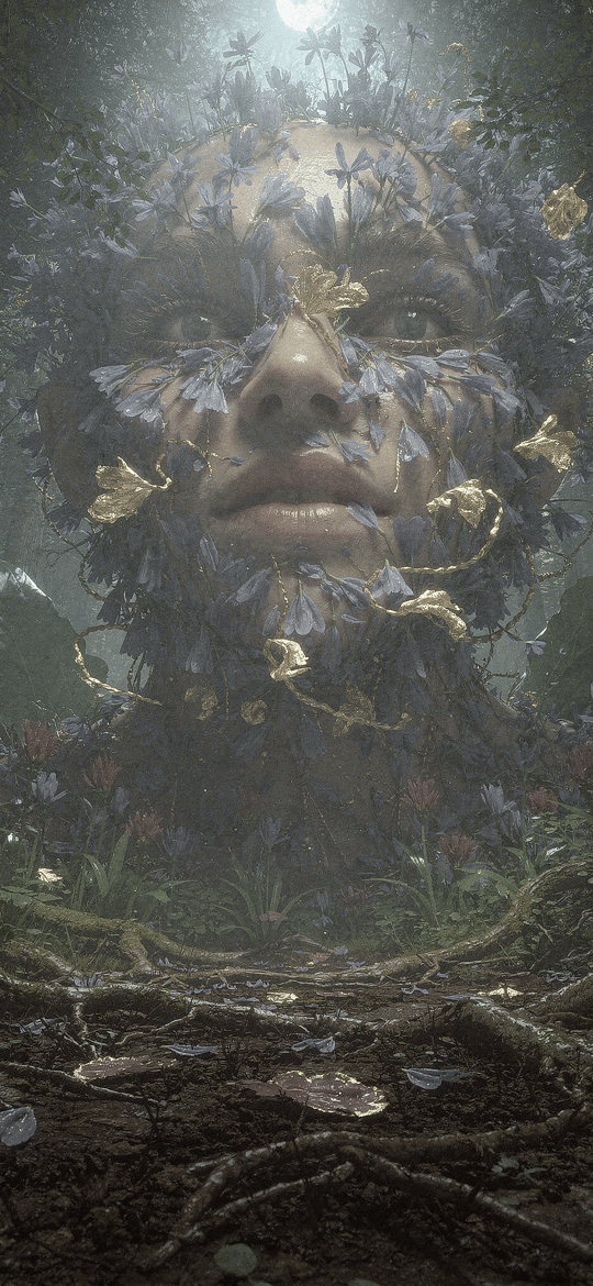 Giant Face Made of Leaves in a Dark Forest
