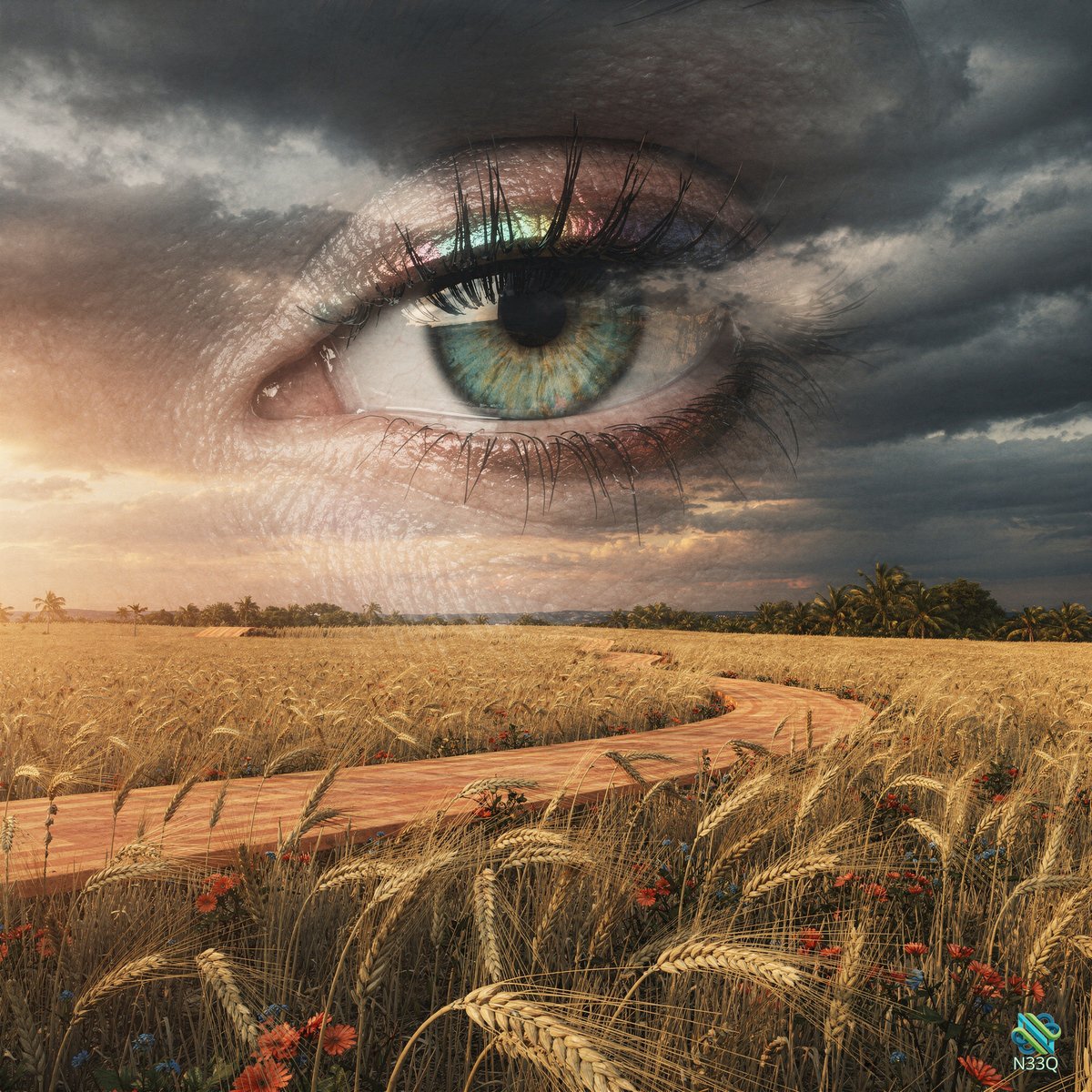 Giant Eye Over Winding Path in Wheat Field