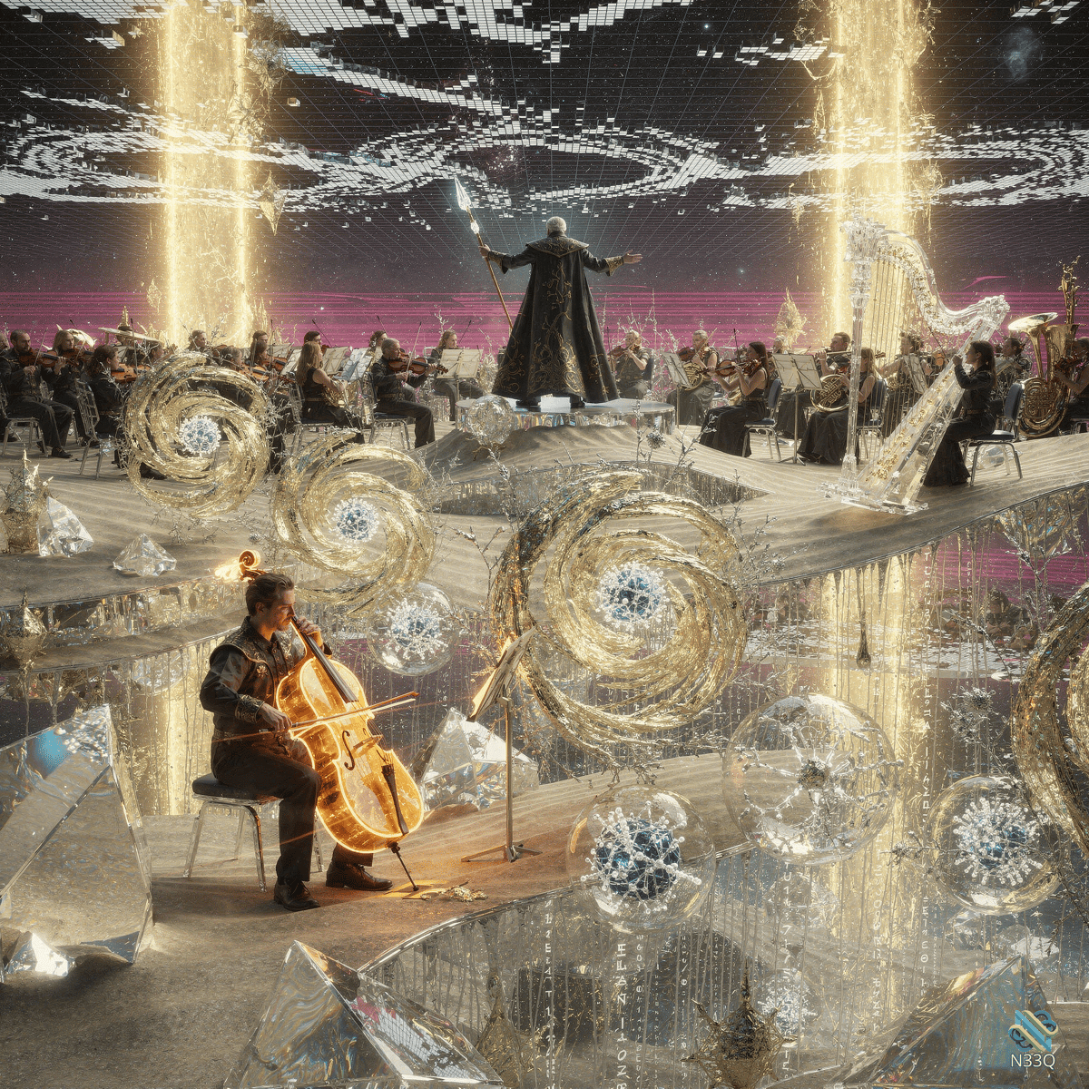 Cellist Performing Before Cosmic Orchestra Conductor