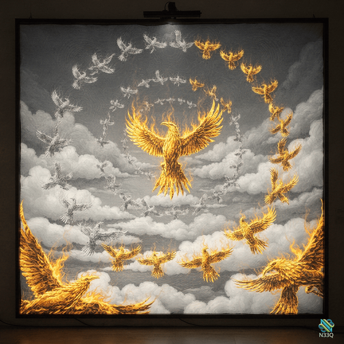 Fiery Golden Phoenix in Bird Vortex