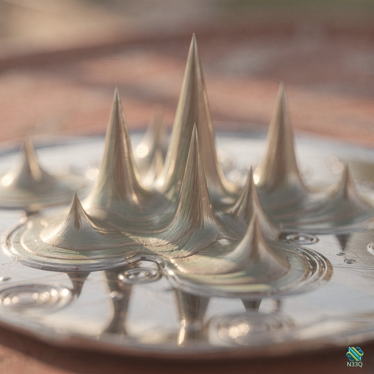 Silver Ferrofluid Spikes on Reflective Pool