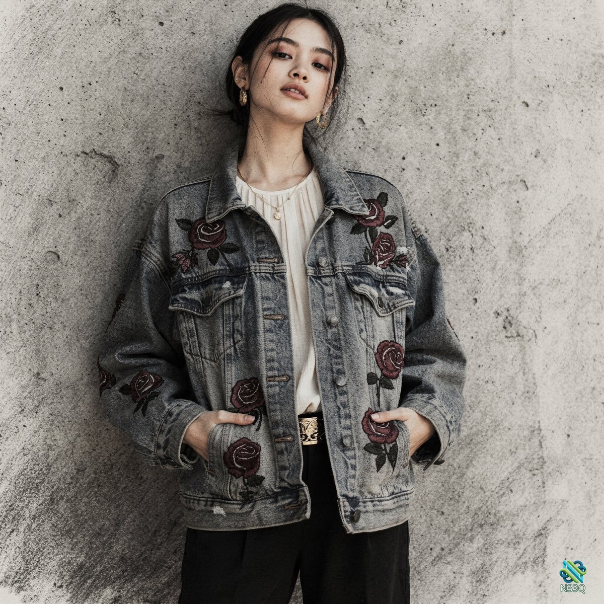 Woman in Rose Embroidered Denim Jacket