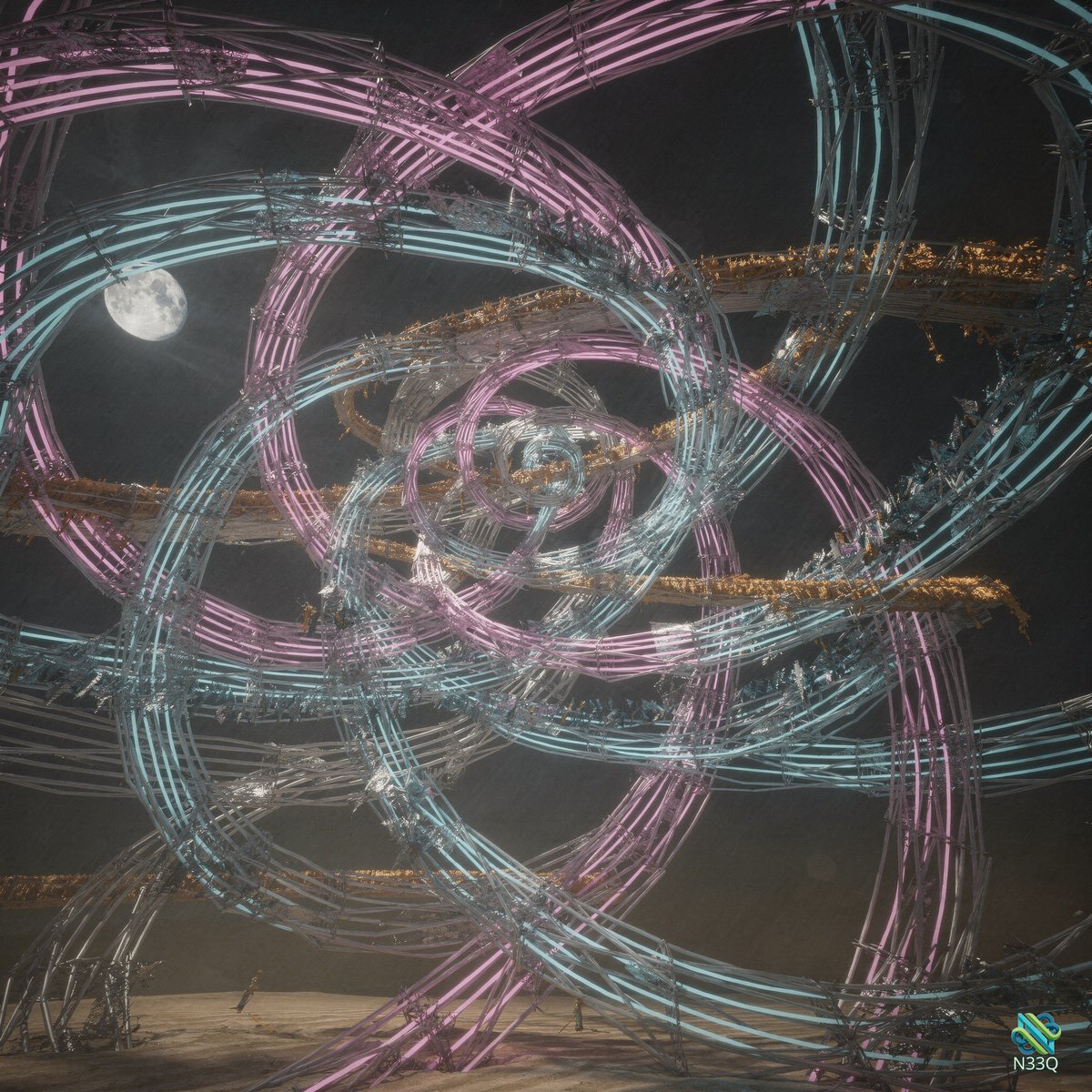Intertwined Glowing Rings Under Moonlight