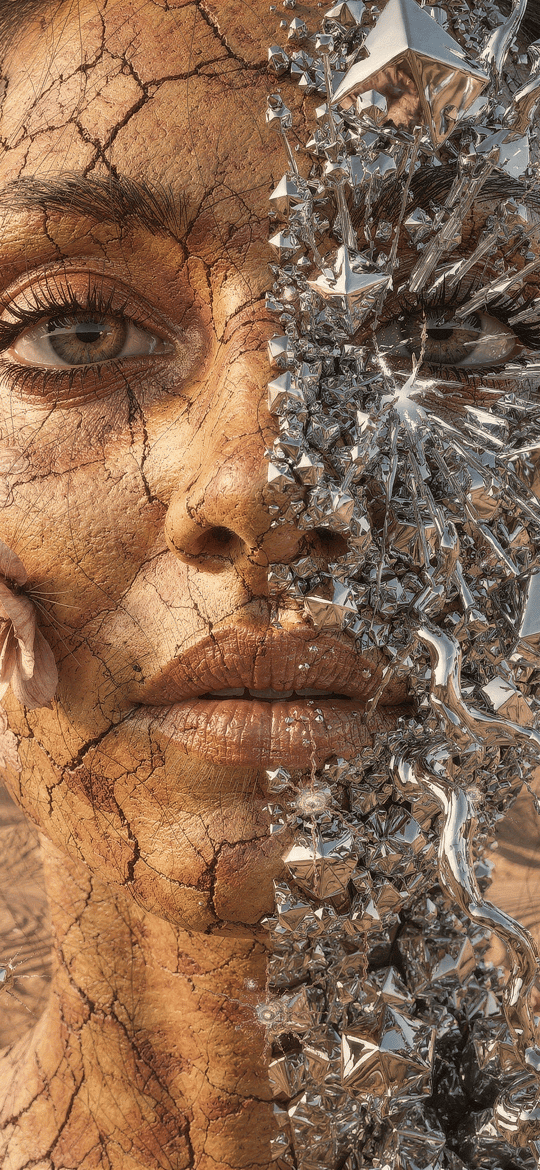Woman's Face Cracked Between Earth and Metal