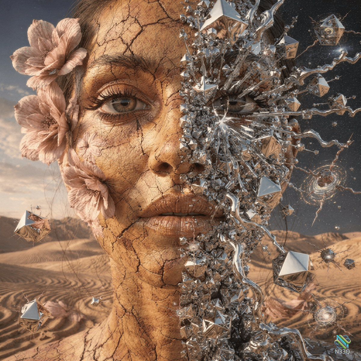 Woman's Face Cracked Between Earth and Metal