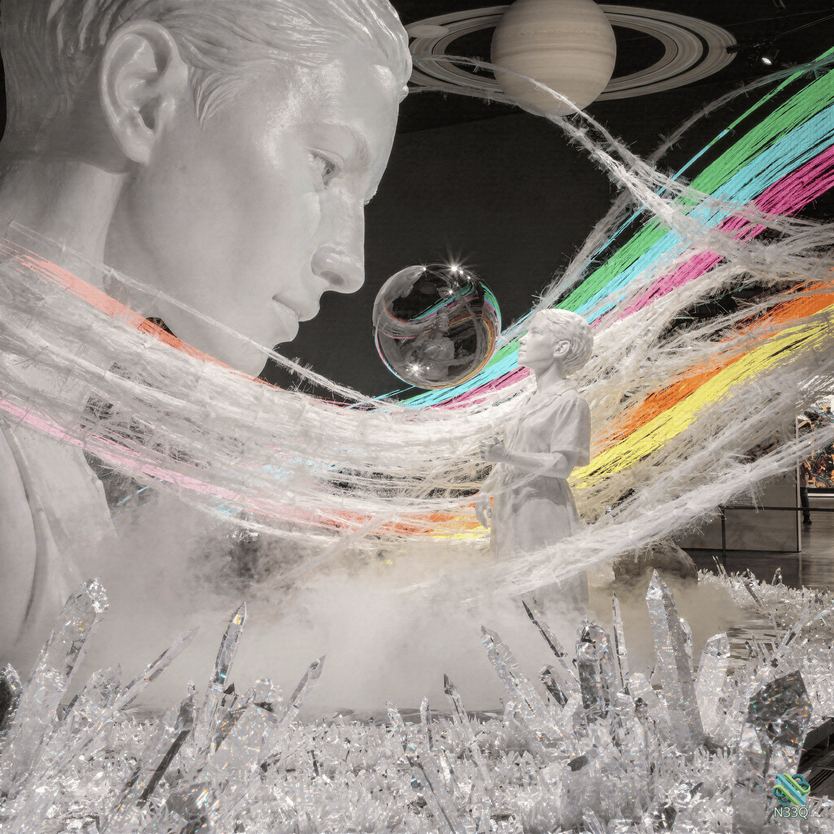 Classical Bust and Girl with Rainbow Streams