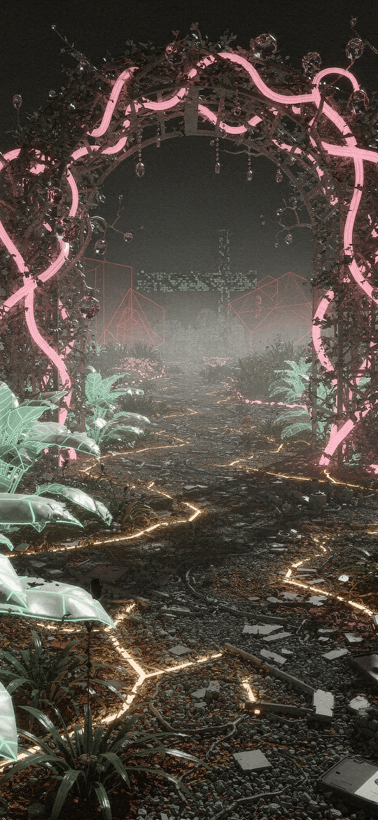 Neon Pink Archway in Overgrown Misty Ruins