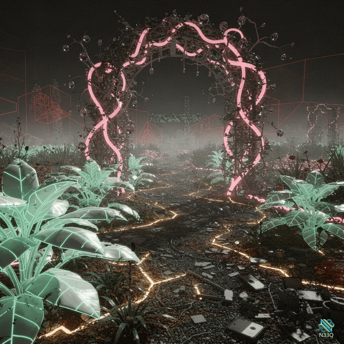 Neon Pink Archway in Overgrown Misty Ruins