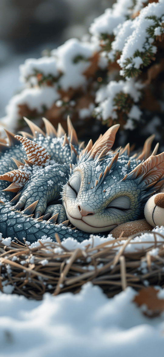 Sleeping Blue Dragon in Snowy Nest with Teddy Bear