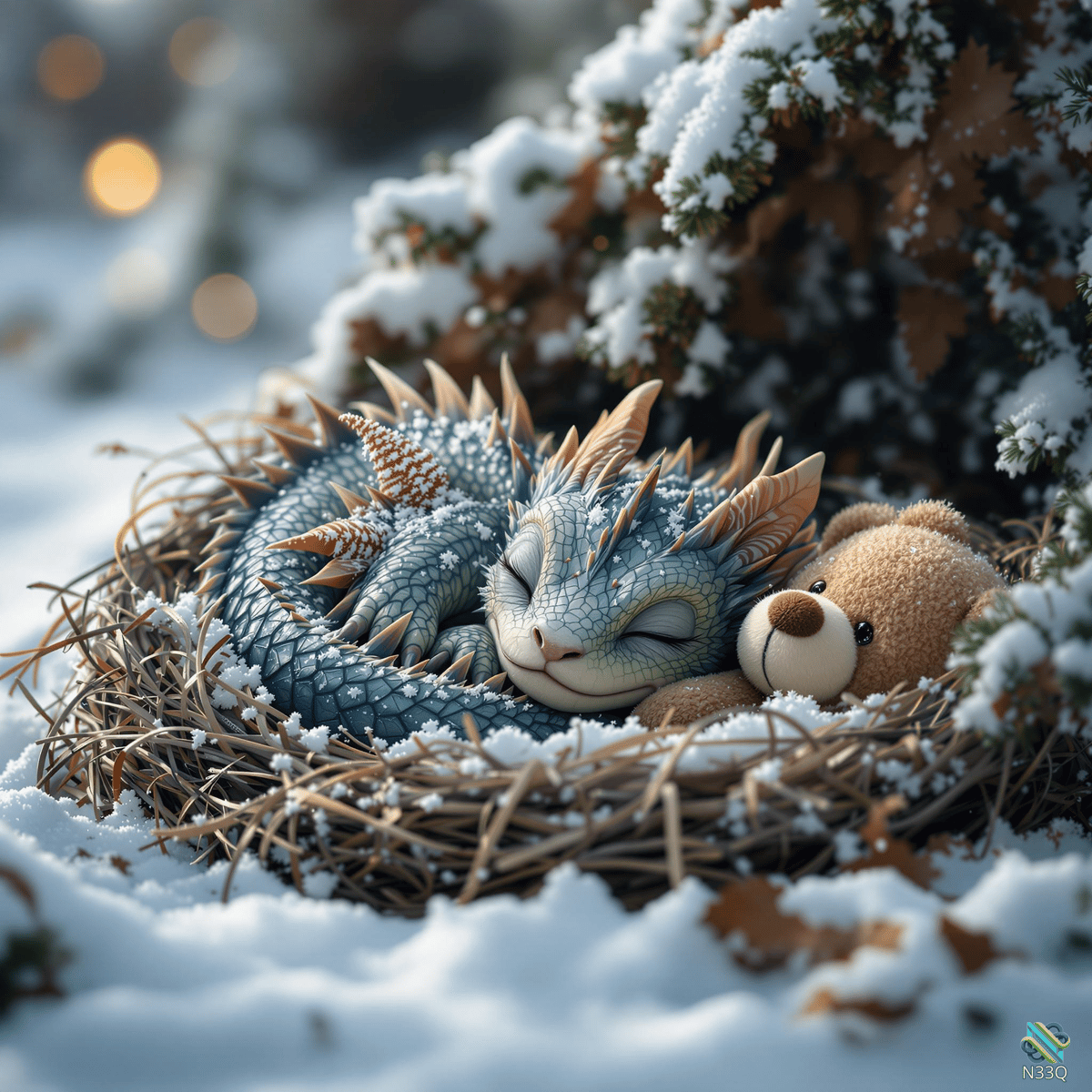 Sleeping Blue Dragon in Snowy Nest with Teddy Bear