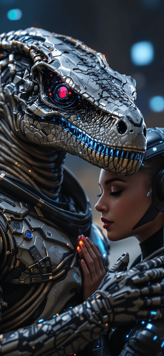 Cyborg Dinosaur Embracing Female Warrior