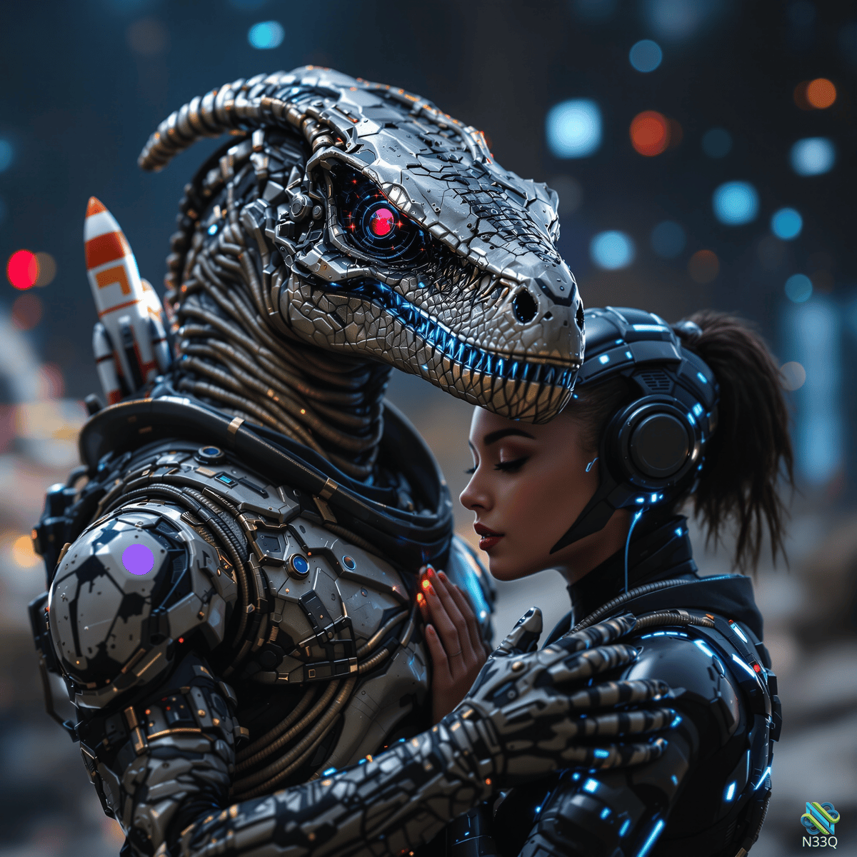 Cyborg Dinosaur Embracing Female Warrior