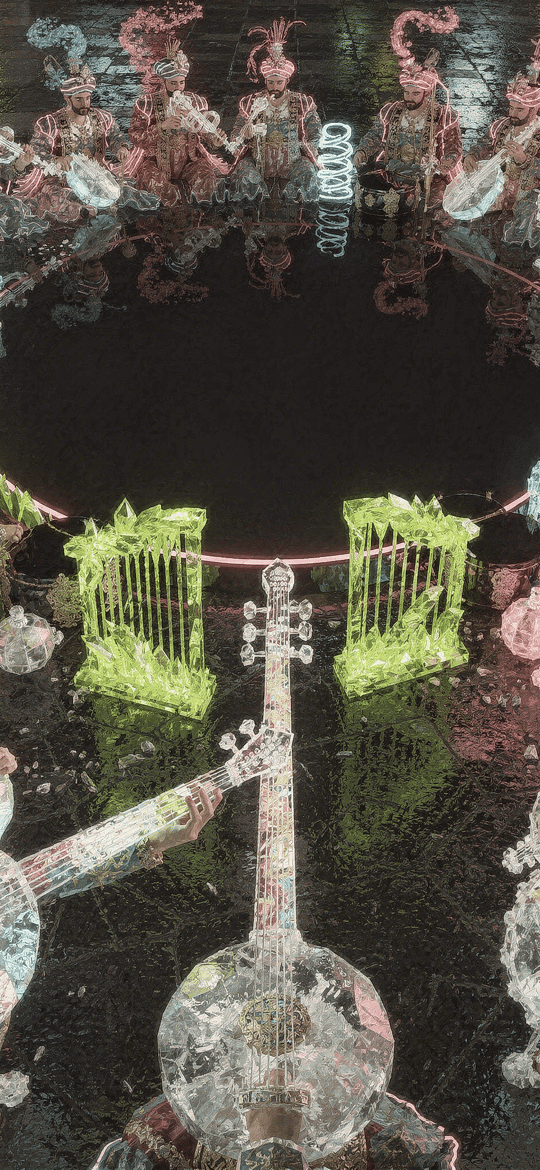 Neon Crystal Musicians Encircling Dark Void