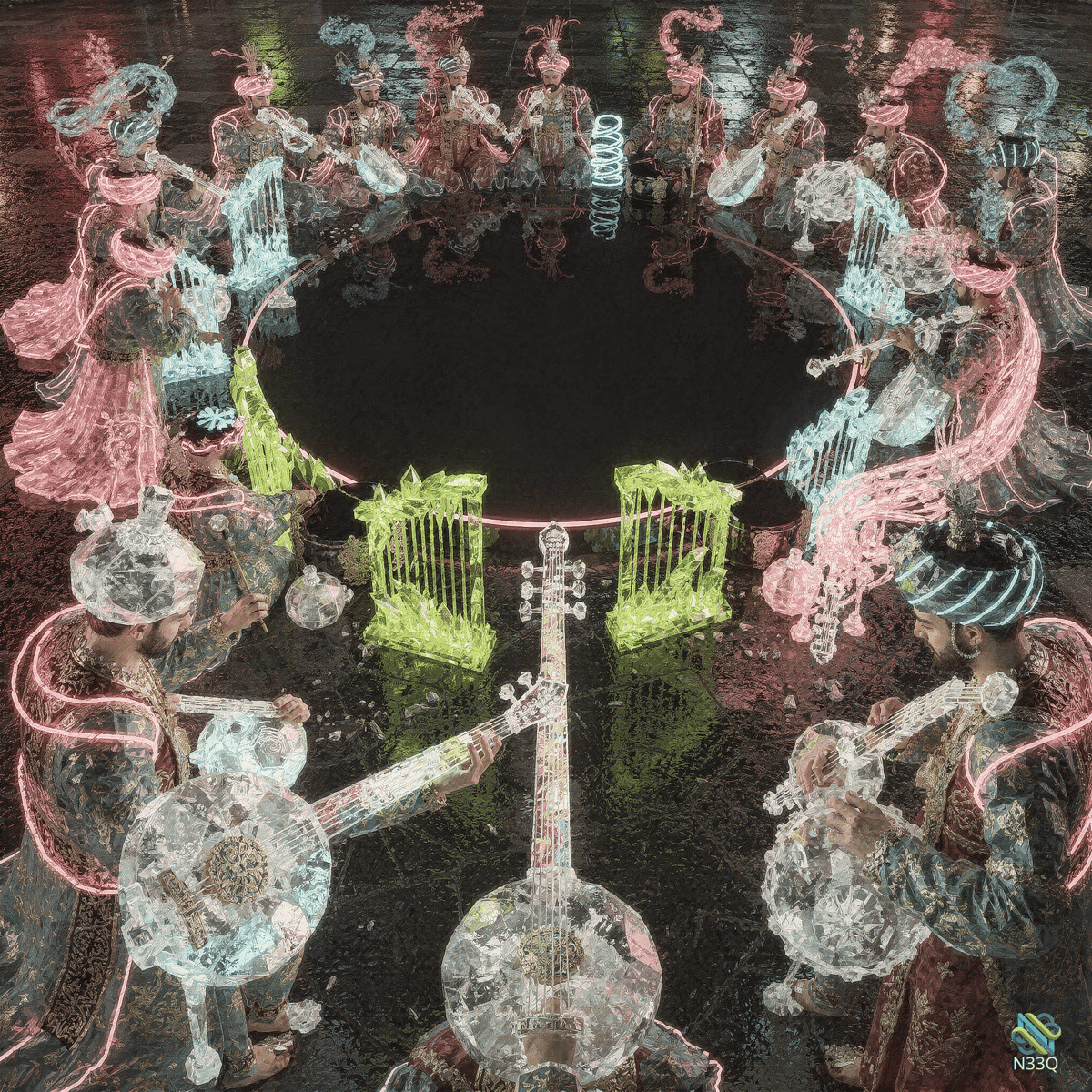 Neon Crystal Musicians Encircling Dark Void