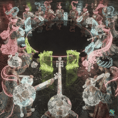 Neon Crystal Musicians Encircling Dark Void