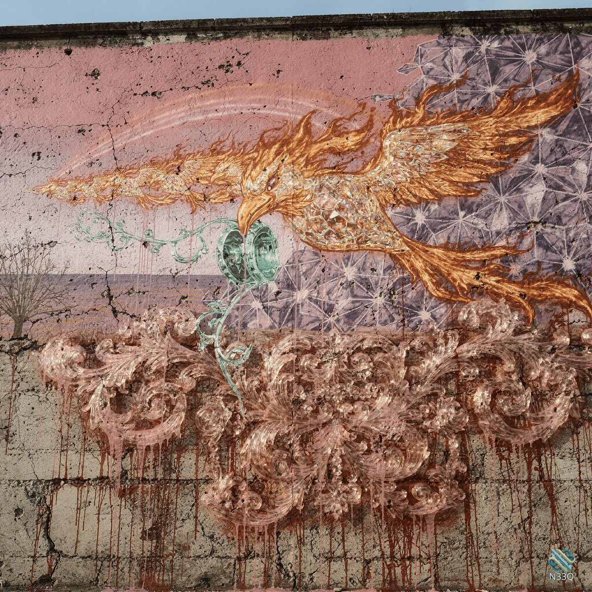 Fiery Phoenix Mural on Cracked Wall