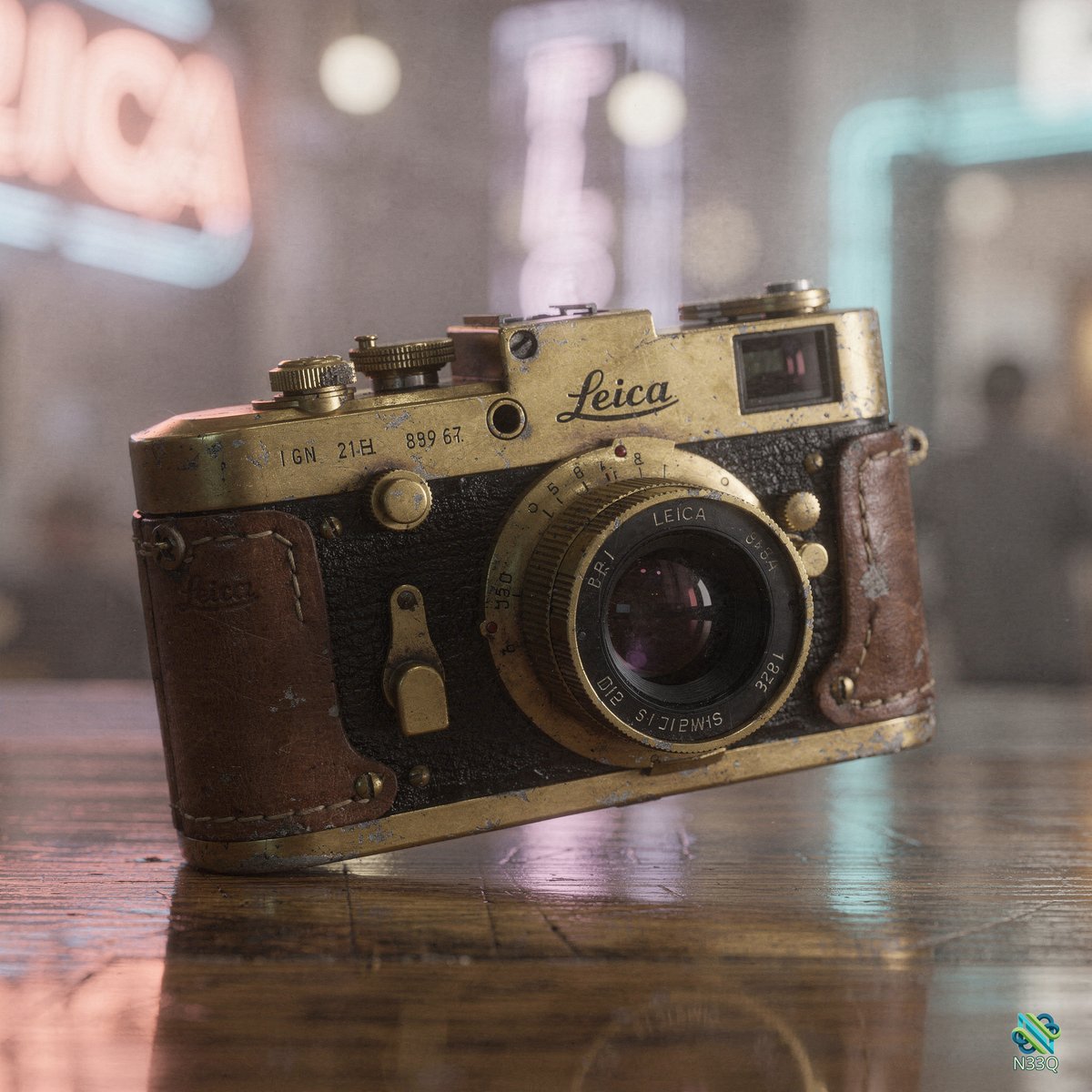 Vintage Brass Leica Camera on Wood