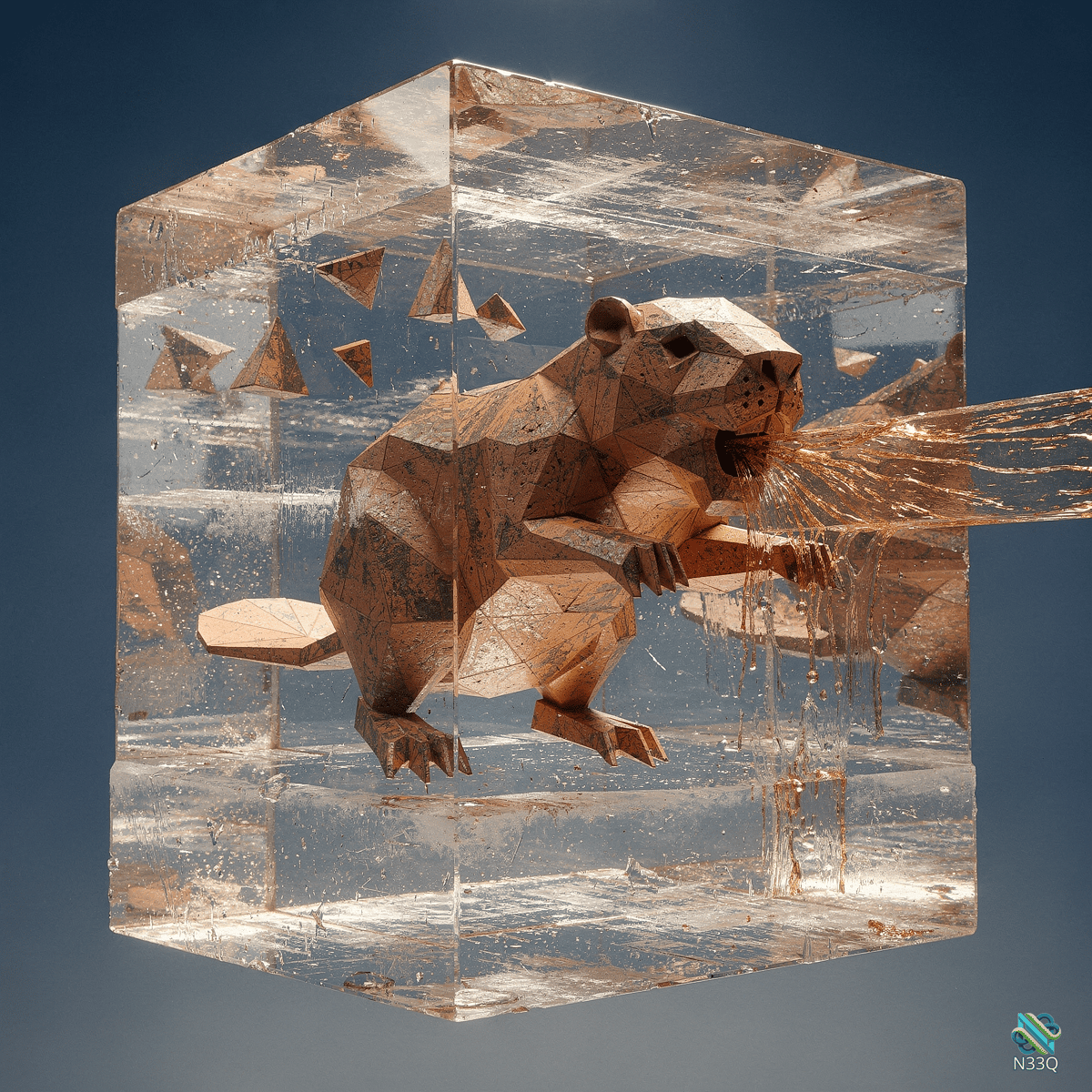 Low-Poly Beaver Shattering Glass Cube