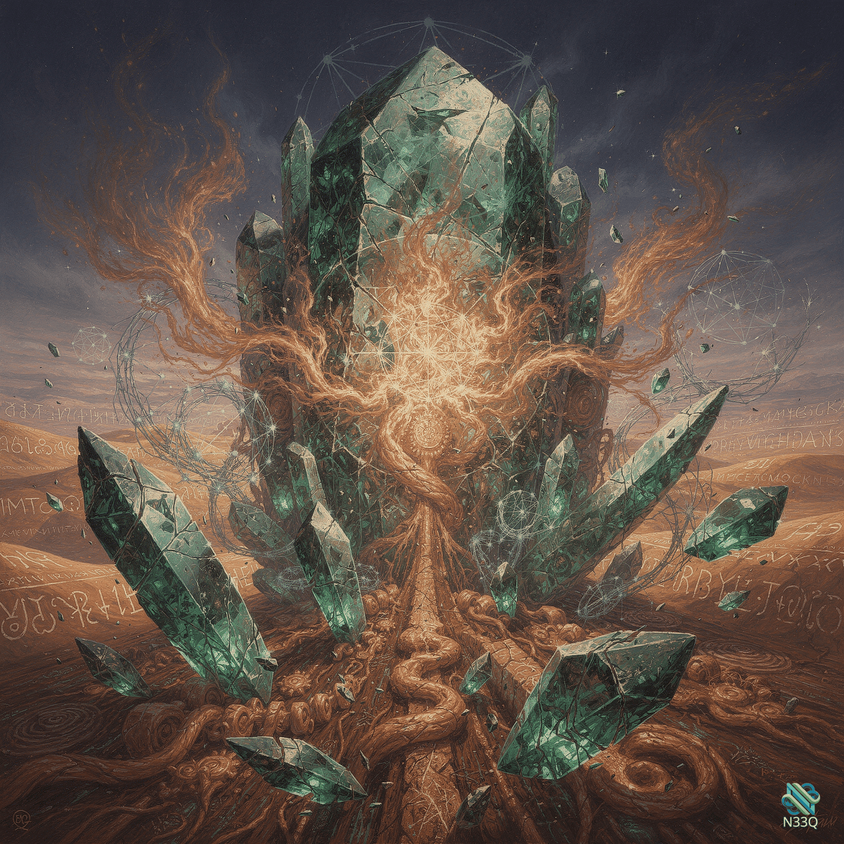 Fiery Emerald Crystal Eruption in Desert