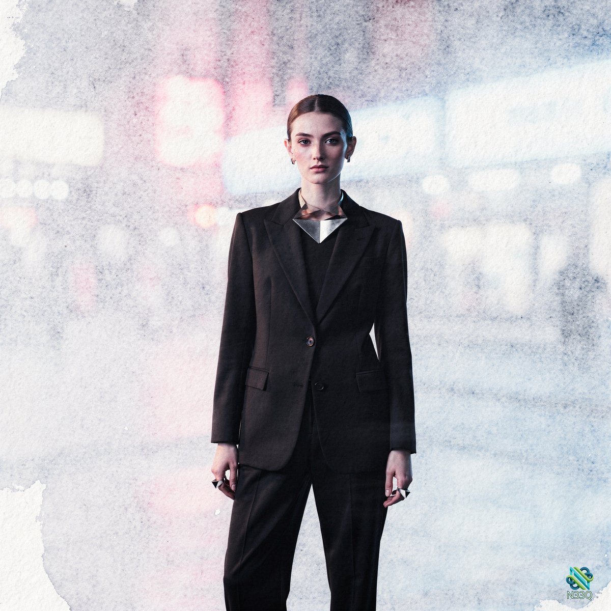 Woman in Dark Pantsuit at Night