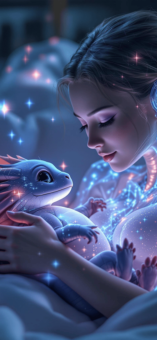Cybernetic Woman Cradling Blue Dragon in Bed