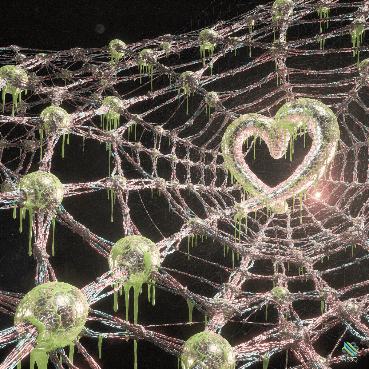 Glowing Heart in Slimy Web Network
