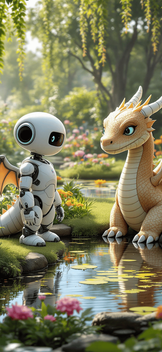 Robot and Dragon by Garden Pond