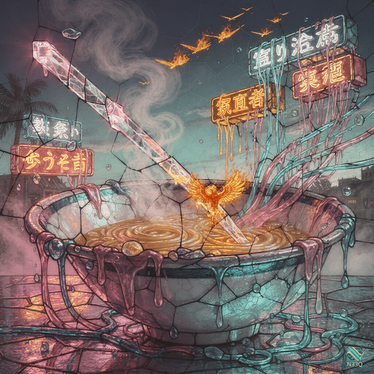 Phoenix Rising from Cracked Neon Bowl