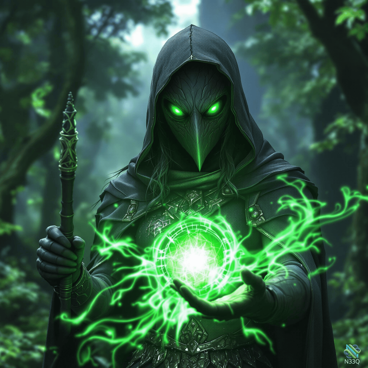 Hooded Bird-Masked Mage Casting Green Magic